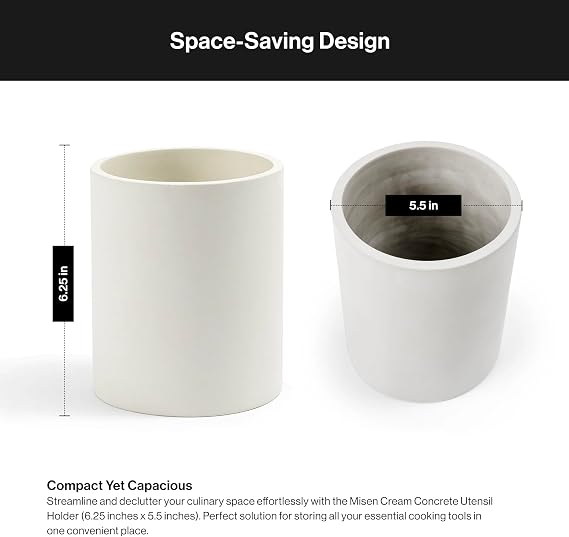 Misen Cream Concrete Utensil Holder - Kitchen Tool Organizer, Large Utensil Container for Countertop, Stainless Steel Holder - Compatible Prep Tool Sets 5 and 10 Piece - 6.25in x 5.5in