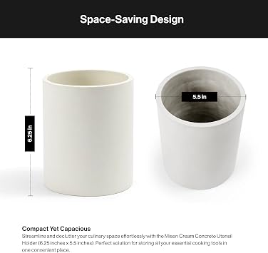 Misen Cream Concrete Utensil Holder - Kitchen Tool Organizer, Large Utensil Container for Countertop, Stainless Steel Holder - Compatible Prep Tool Sets 5 and 10 Piece - 6.25in x 5.5in