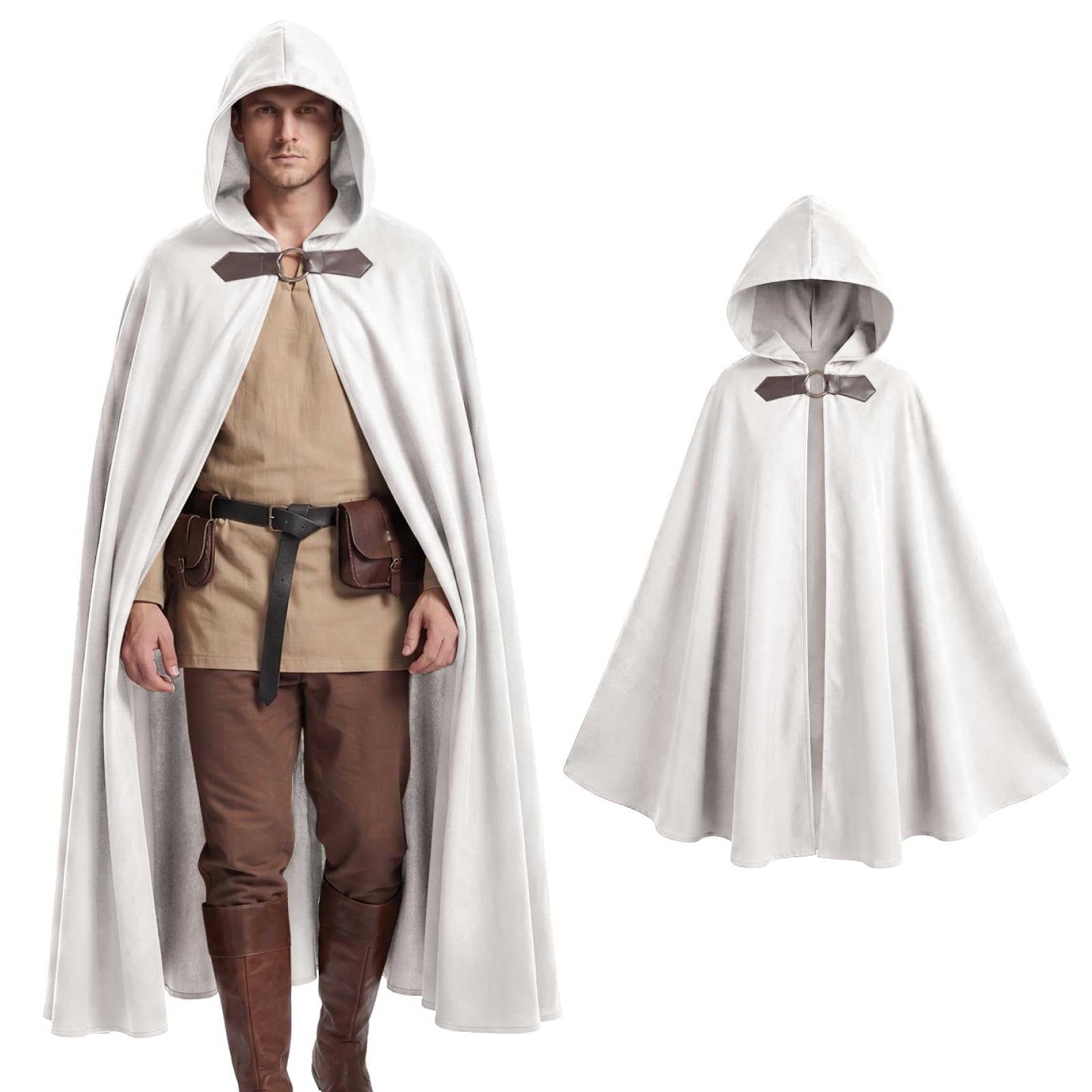 Photo 1 of Medieval Hooded Cloak Adult Renaissance Viking Cloak Halloween Wizard Cape with Hood (White)