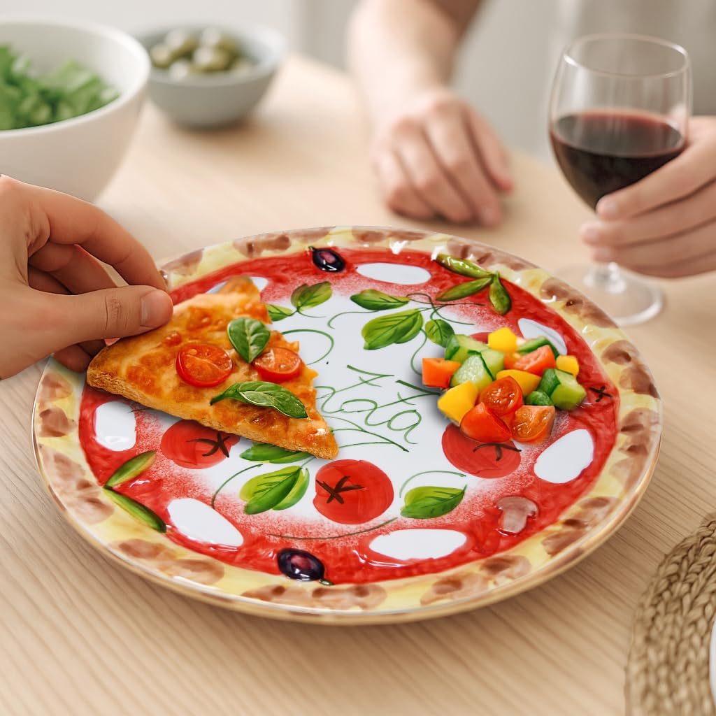 Lashuma Handgemachter Pizzateller Tomate Mozzarella aus Italienischer Keramik, Großer Teller Rund 33 cm