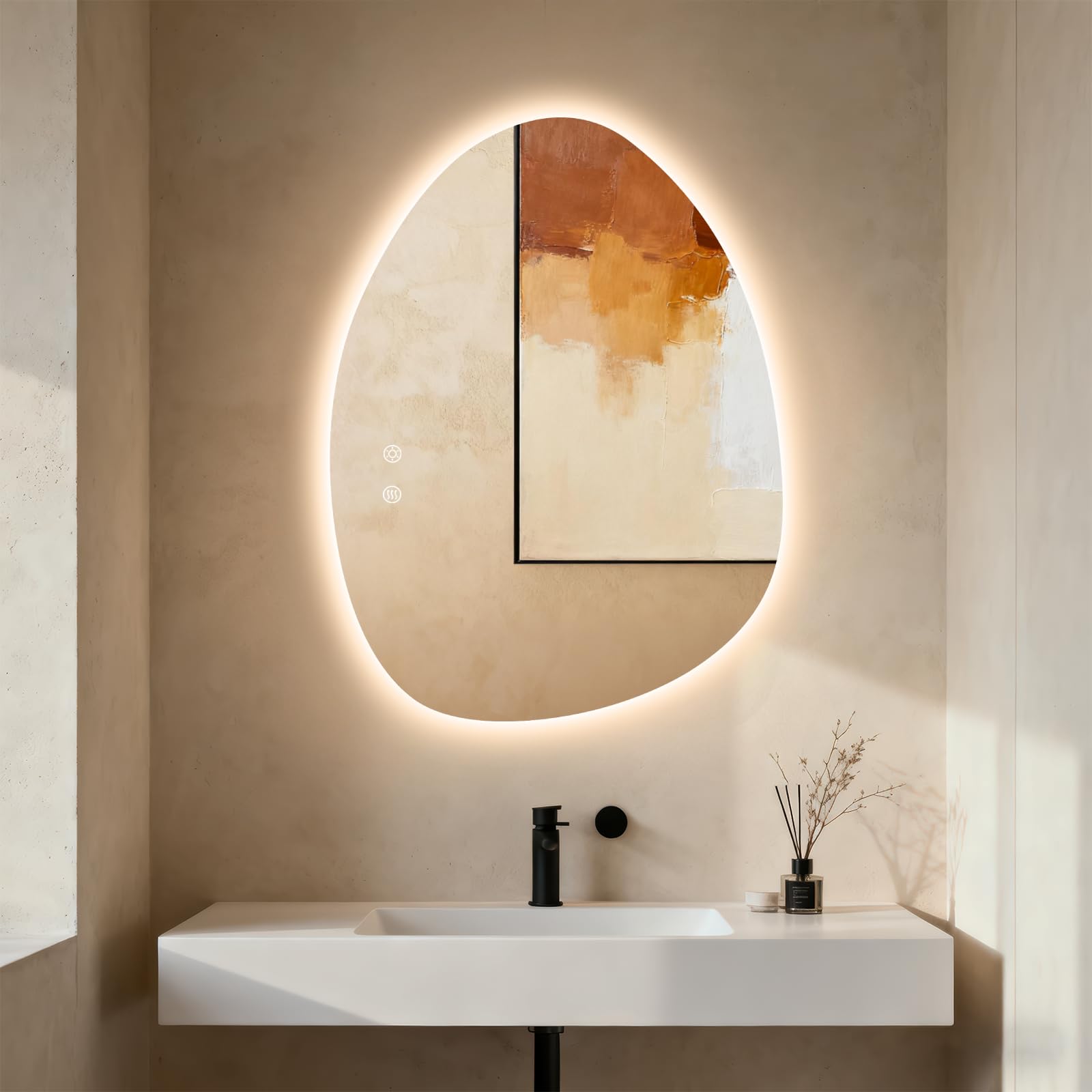 Clevich Miroir de Salle de Bain avec éclairage asymétrique 80 x 60 cm, Miroir LED avec 3 Couleurs de lumière à intensité Variable, Verre trempé, Interrupteur Tactile, Fonction mémoire, Anti-buée