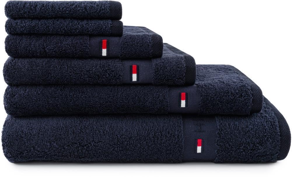 Tommy Hilfiger - Asciugamano da bagno, blu navy, spugna boucle, 520 g/m², 100% cotone pettinato, passamaneria jacquard e ricami, morbido e assorbente