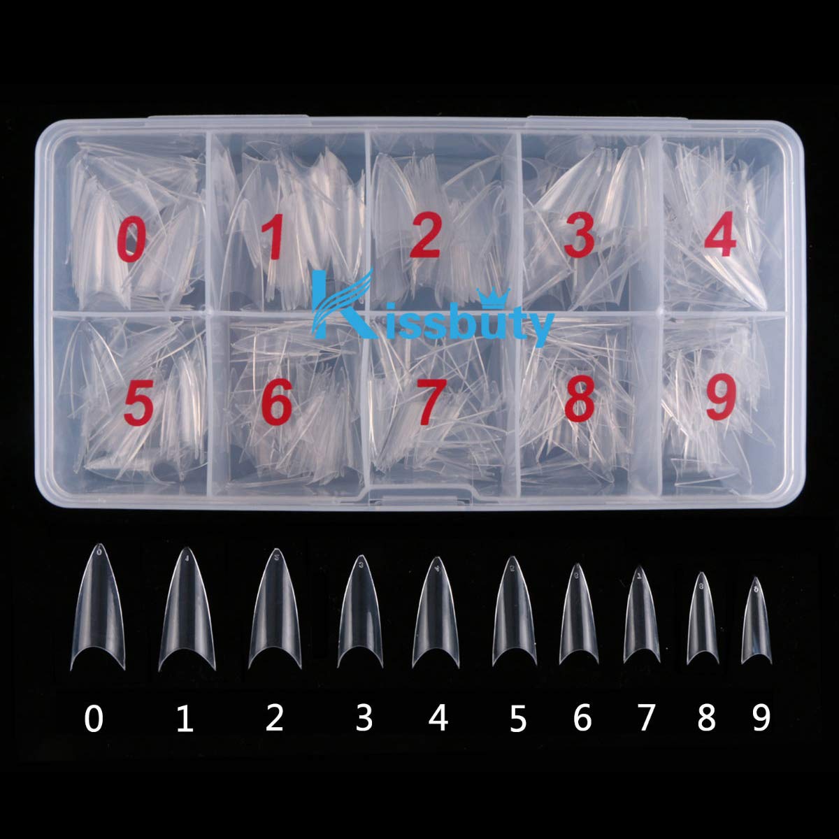 KISSBUTY500 PCS Stiletto Nails Clear Color Sharp Ending False Acrylic Nail Art Tips 10 Sizes With Box Perfect Length for Nail Salons and DIY Nail Art at Home(Clear Stiletto Nails)