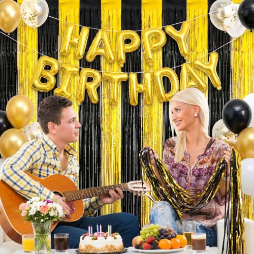 Image of 2 Pack Fringe Curtains Backdrops, Foil Fringe Curtains, Door Streamers for Birthday Wedding Bridal Shower Holiday Graduation Party Decorations Black Gold