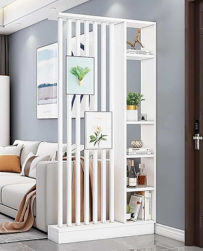 Image of Modern Wooden Room Divider with Storage Shelves | Partition for Living Room & Entryway | Decorative Display Rack with Vertical Slats ((96X48X6))