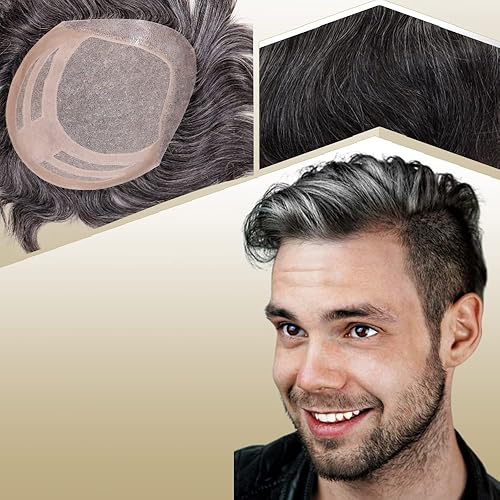 Lishy Sistemas de reemplazo de cabello humano para hombre, piel fina con parte superior de encaje mono y parte trasera de poliuretano duradera, 10 x