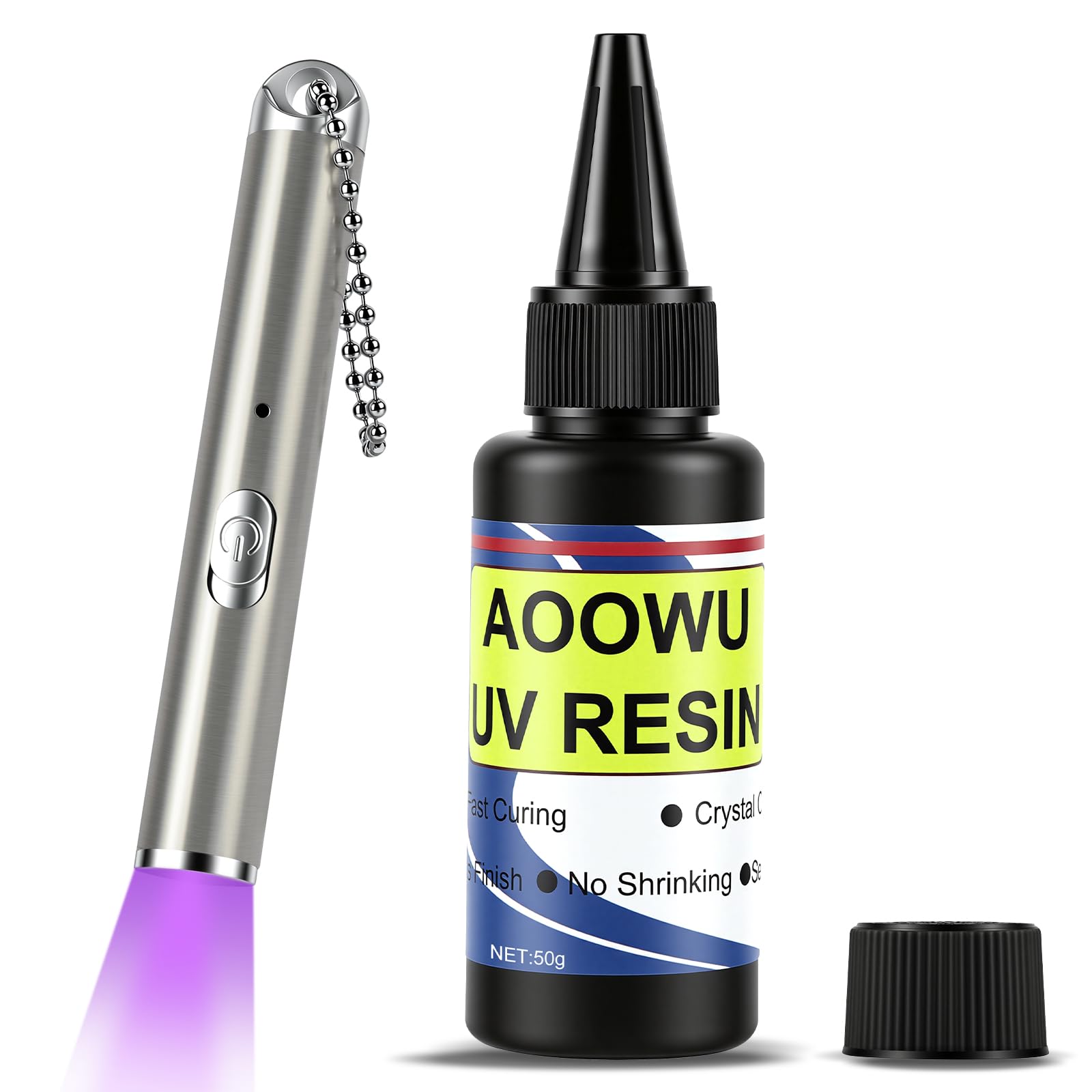 AOOWU Żywica UV z lampą, 50 g klej UV żywica epoksydowa z latarką wielokrotnego ładowania, zestaw żywicy UV 395 nm, szybkie utwardzanie w 5 sekund, do biżuterii, szkła, tworzywa sztucznego i żywicy