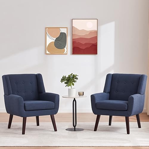 HUIMO Accent Chair, Arm Chair Set of 2, Button Tufted Upholstered Reading Chair, Linen Fabric Mid Century Modern Chairs for Bedroom, Living Room Chair, Comfy Sofa Chair(2, Dark Blue)
