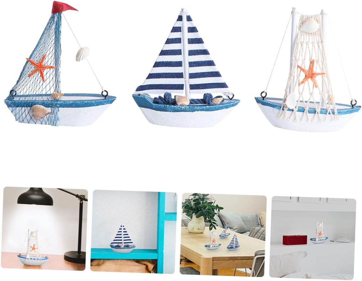 SEWACC 3pcs Wooden Sailboat Craft Mediterranean Ship Model Set, Nautical Home Decor for Living Room, Office, Coastal Style Wooden Sailing Boat Ornaments
