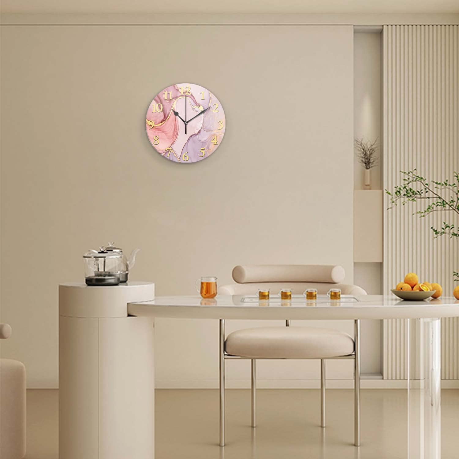 Reloj de pared con textura de mármol, reloj de pared de teñido anudado de oro rosa, reloj de pared con línea dorada, reloj redondo de pared de 13.4 x 13.4 pulgadas, funciona con pilas, para 3