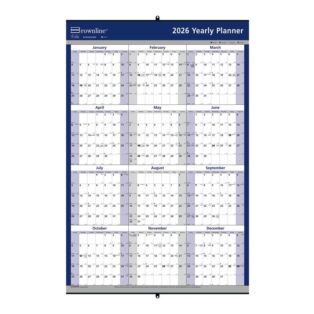 Brownline® Calendario anual y planificador de pared reversible 2026, 12 meses, enero a diciembre, horizontal/vertical, 24 x 36 pulgadas (C172214-26)
