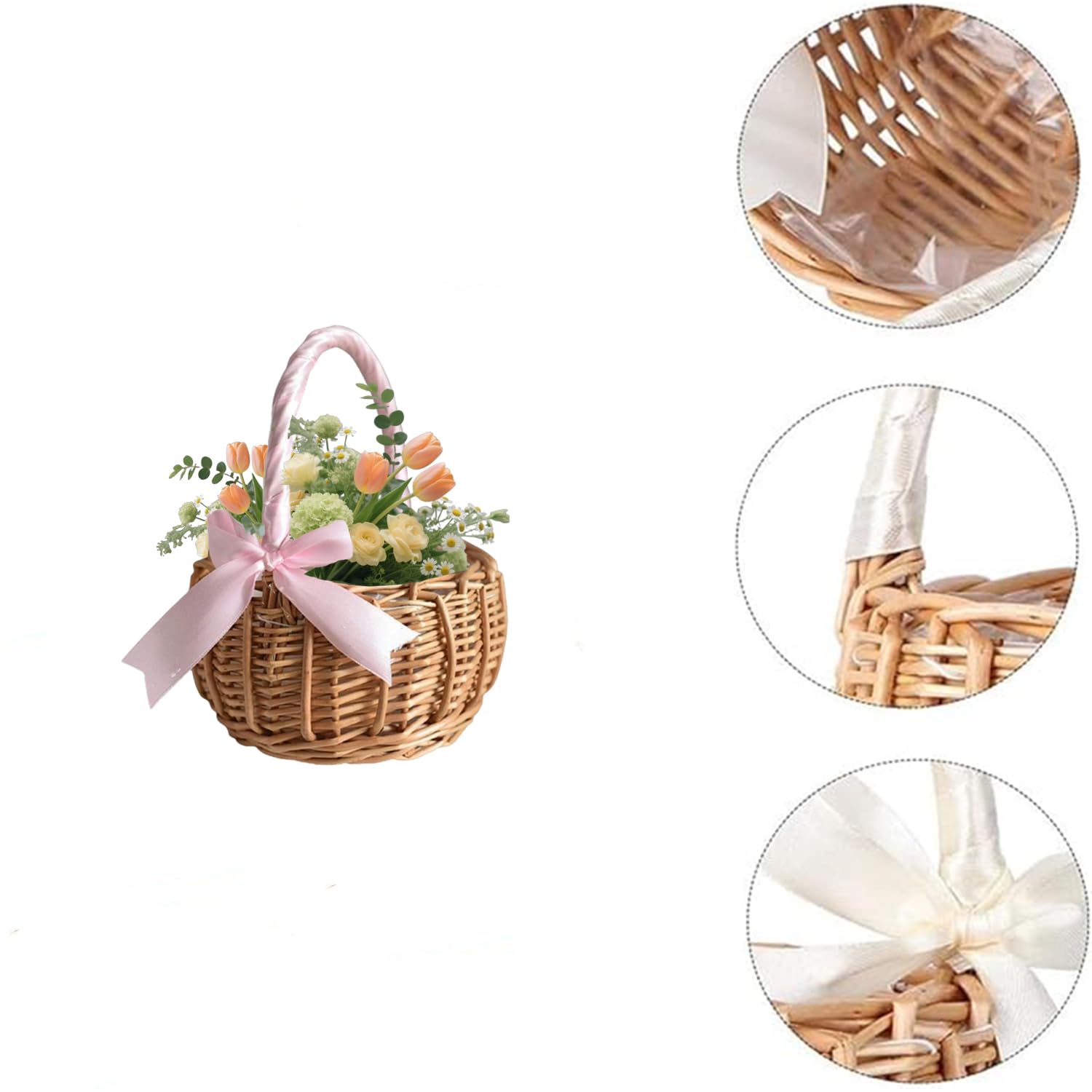 Geflochtener Korb Für Die Hochzeit Blumen, Blumenkorb Mit Henkel Und Schleife, Körbchen Blumenkinder Zum Blumenstreuen, Streukorb Rattankorb, Für Party Festival Hochzeit Fotografie Requisiten (Rosa)