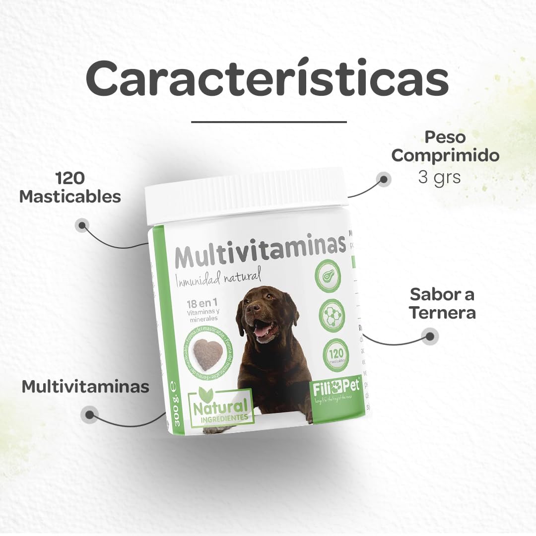 Multivitaminas y minerales para Perros, 120 masticables Sabor Ternera | con glucosamina, probióticos y enzimas digestivas | Apoyo Articular, digestivo e inmunológico