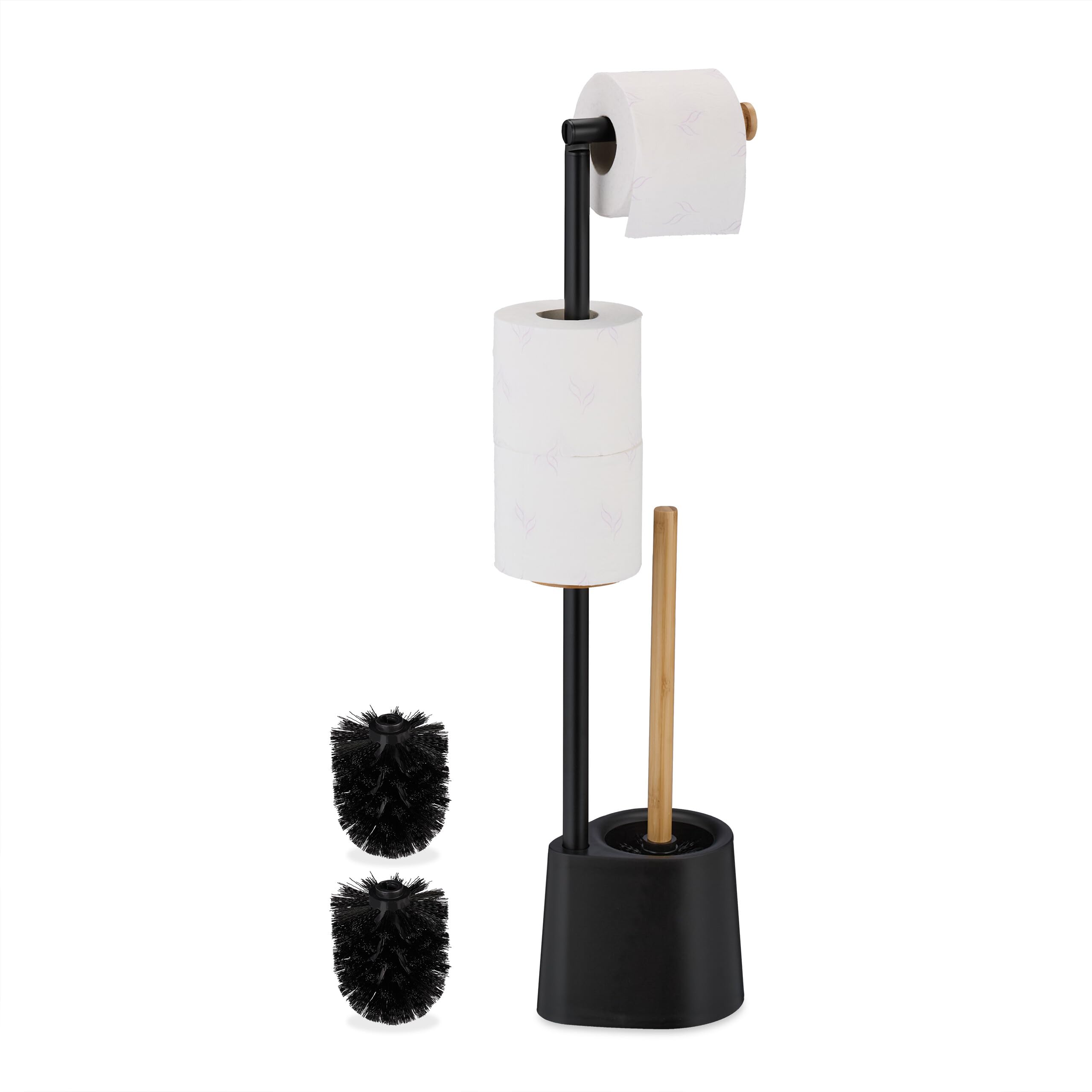 Relaxdays WC Set, Bamboo, Stainless Steel, Free-standing, 2 Spare Heads, Toilet Roll & Brush Holder, Black