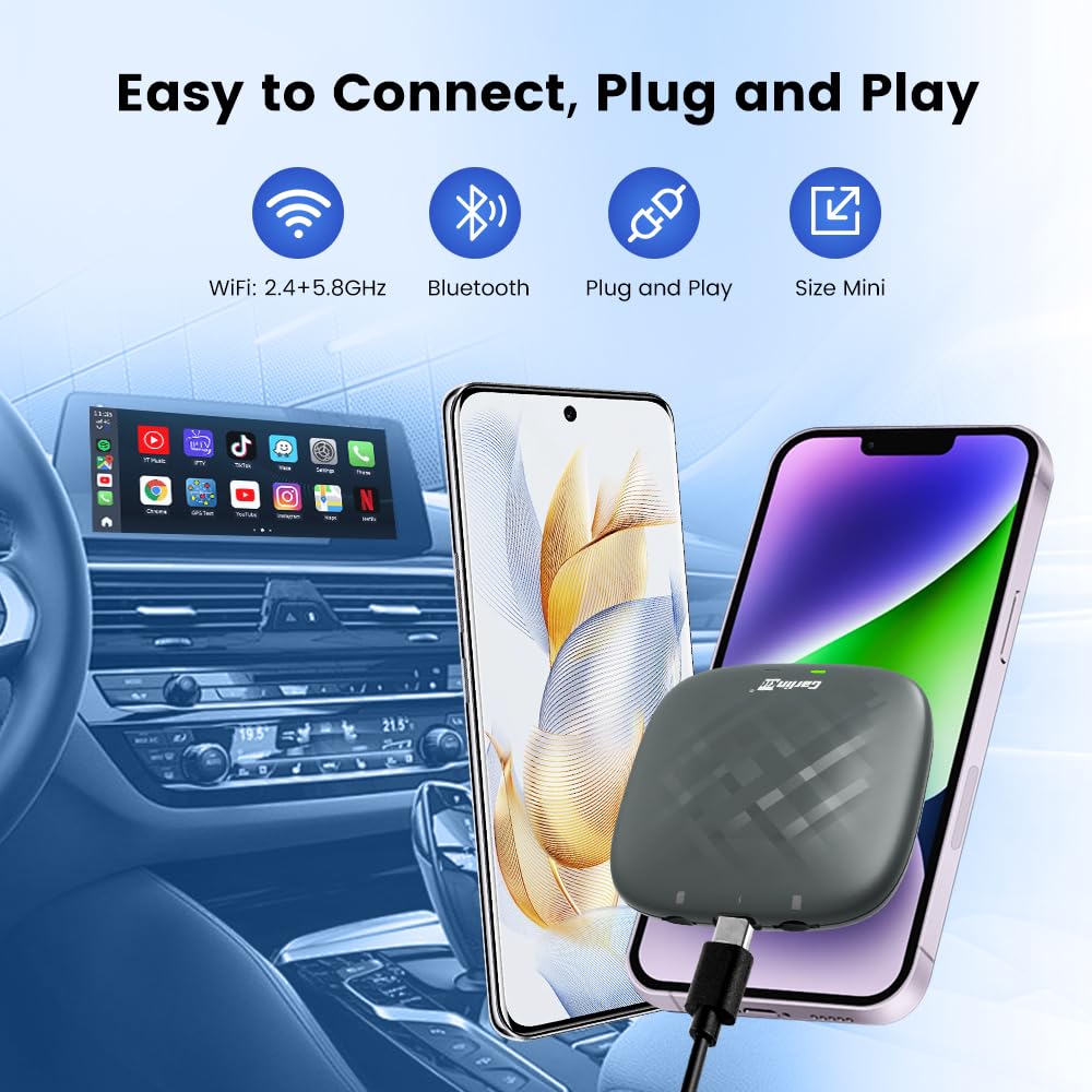 CarlinKit 2026 Adaptateur AiBox pour CarPlay et Android Auto sans Fil, pour Voitures avec CarPlay Filaire, système intégré 4+64GB Android 13.0 avec GPS, processeur Octa-Core