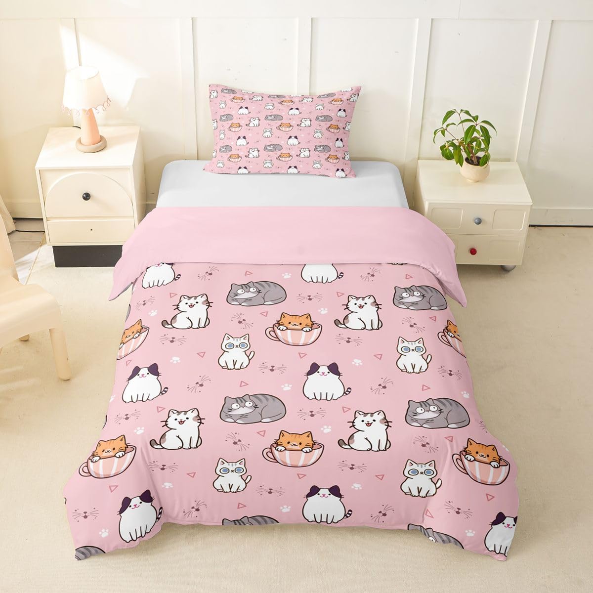 Loussiesd Cartoon Cat Duvet Cover Single Size Animal Cartoon for Boys Girls Kitten Print Bedding Set 2Pcs Kawaii Room Decor Breathable Soft Lightweight Microfiber — image 1