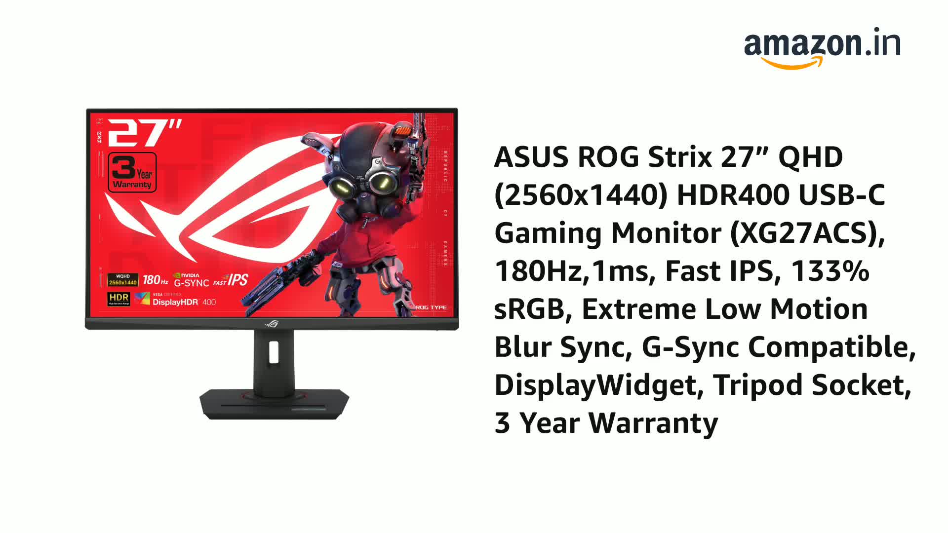 ASUS ROG Strix 27” QHD (2560x1440) HDR400 USB-C Gaming Monitor