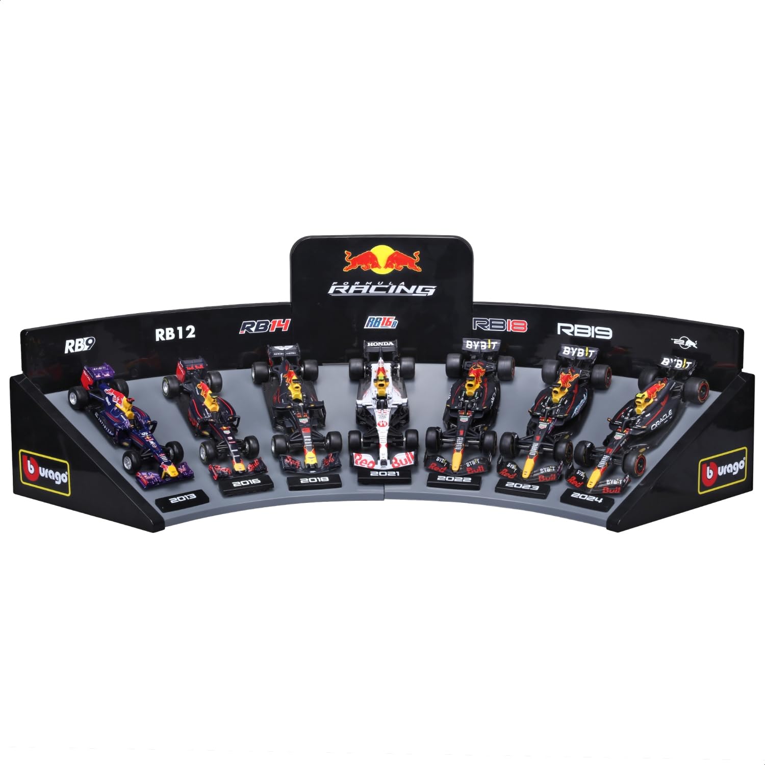 Bburago - Coffret 7 Véhicules F1 Oracle Red Bull - Échelle 1/43 - avec Présentoir - Collection Formule 1 en Métal - Cadeau Dès 3 Ans - Pack Cadeau Formule 1 Collector Red Bull