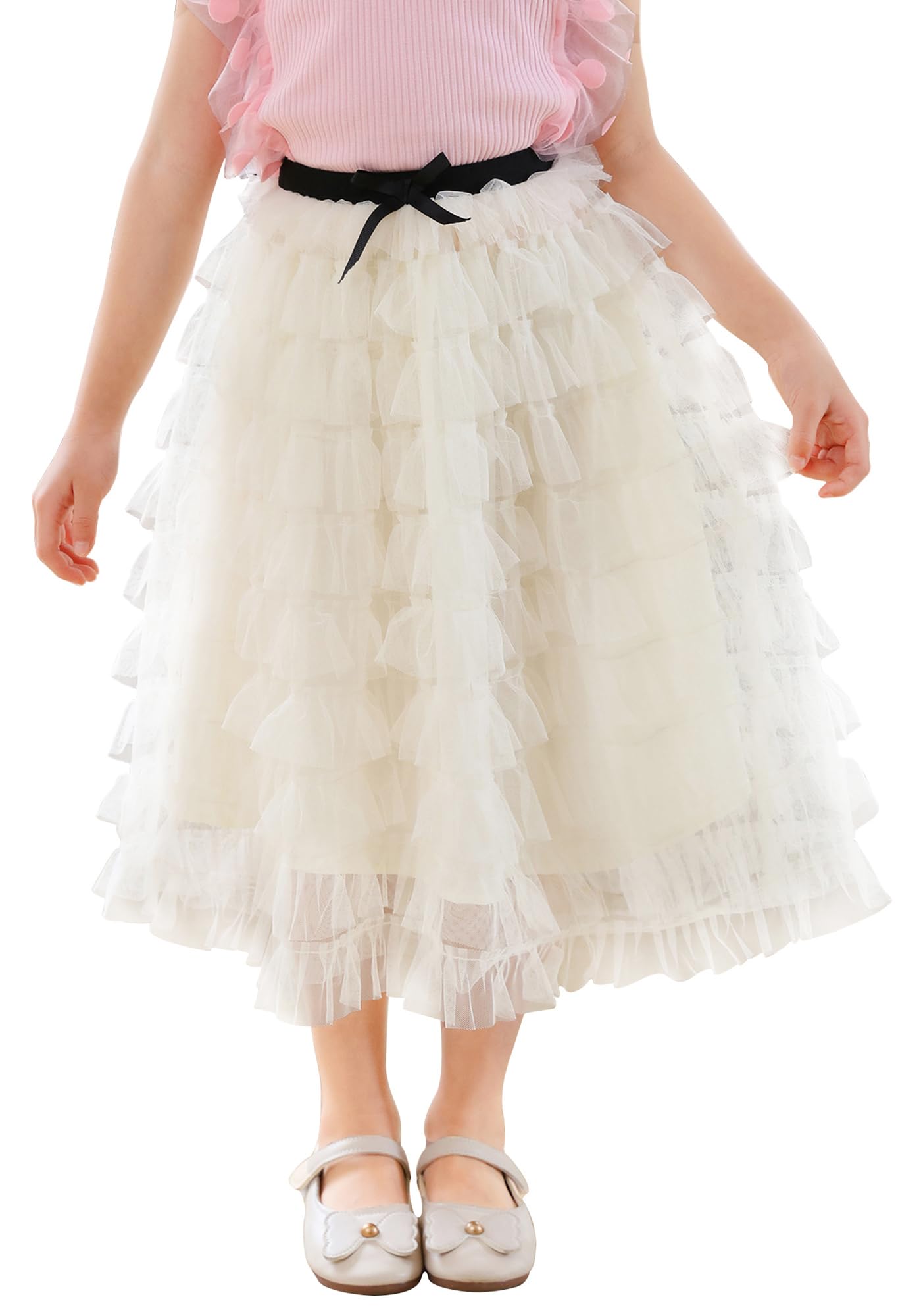 FEOYA Falda larga de verano para niña, falda de tul para niños, falda midi de cintura alta, falda de baile de cintura alta, falda plisada de varias capas, elegante falda casual para fiestas, falda de