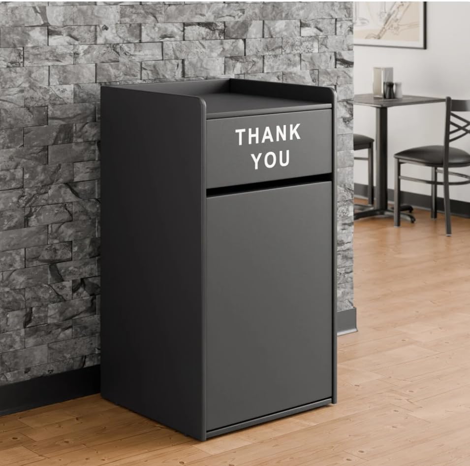 35 Gallon Black Waste Receptacle Enclosure with Swing Door, Thank You Commercial Trash Can