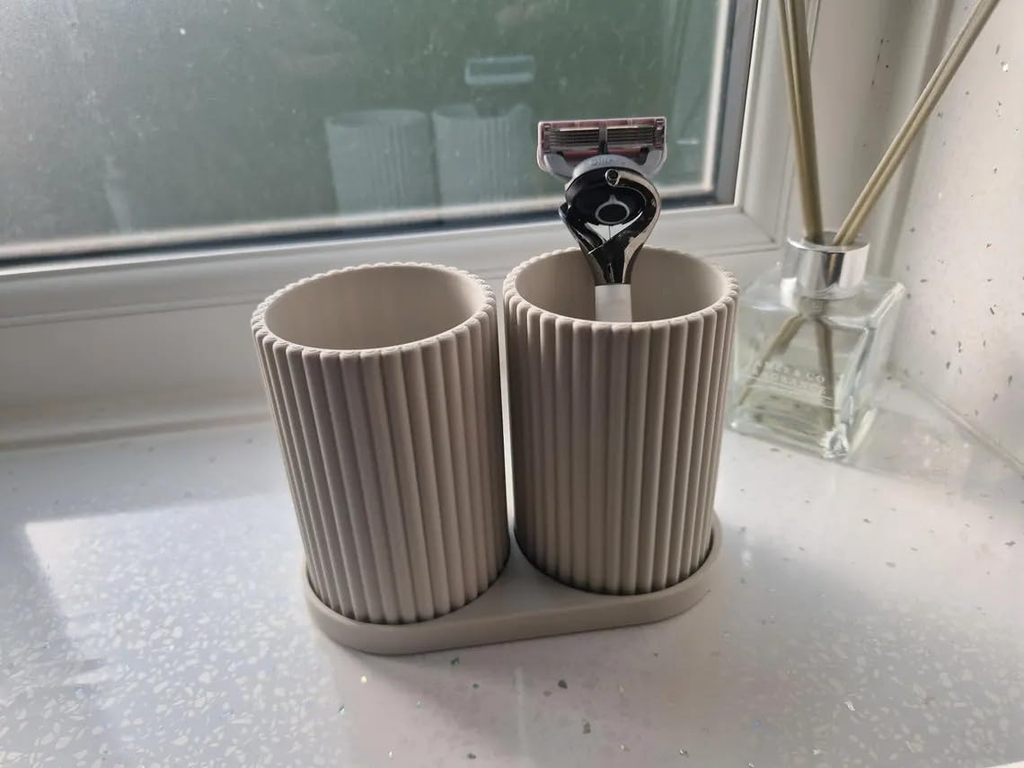 Ribbed Double Toothbrush Holder Set (Matt Bone White)