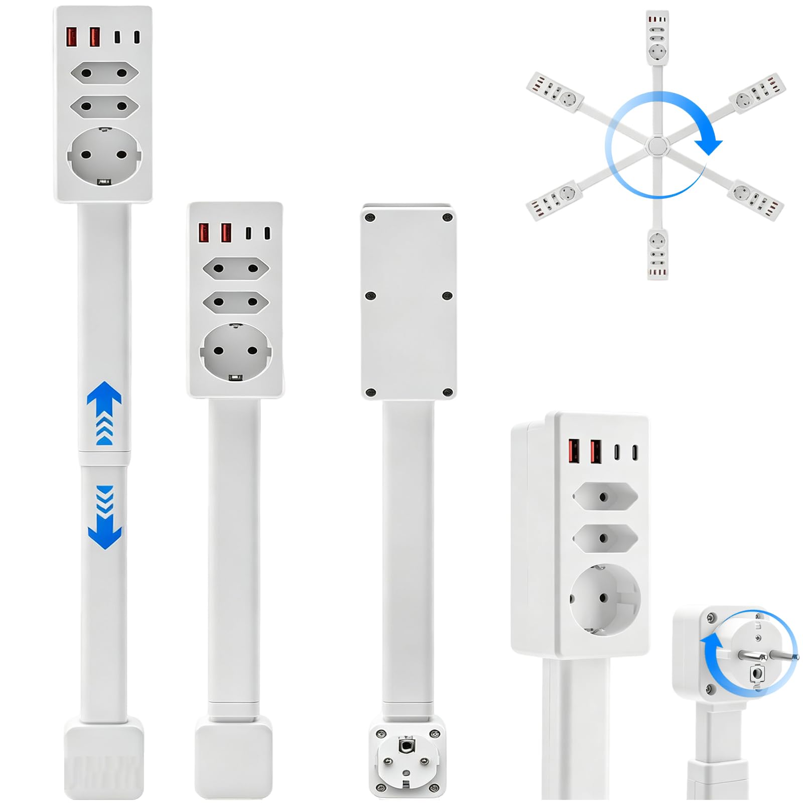 Prolunga estensibile (47-67 cm), con funzione girevole, 3 prese + 2 USB-A + 2 USB-C, orientabile a 360°, per soggiorno, scrivania, camera da letto
