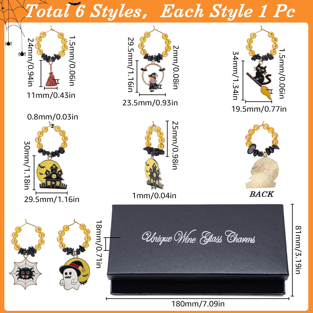 SUNNYCLUE 1 Box 6pcs Holiday Wine Charms Wine Drink Charms Halloween Cute Ghost Spider Cat Broomstick Drinker Identification Makers Ring Tag Charm for Wine Tasting Party Home Women Decorations - Image 2
