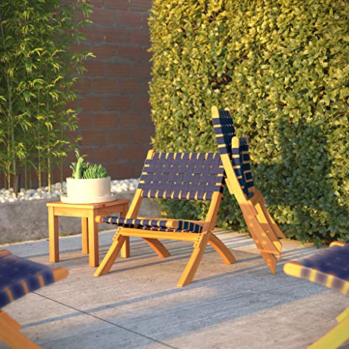 Patio Sense 63636 Sava Indoor Outdoor Folding Chair All Weather Wicker Low Slung Portable Seating Solid Acacia Wood Woven Seat Back Seat Indoors Porch Lawn Garden Fishing Sporting - Navy Blue Webbing #TOP5