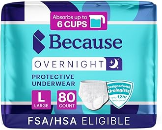 Because Overnight Absorbency Pull Ups - Adult Disposable Incontinence Underwear, Extra Absorbent Nighttime Briefs for Men and Women, White, Large, 80 Count (4 Packs of 20)