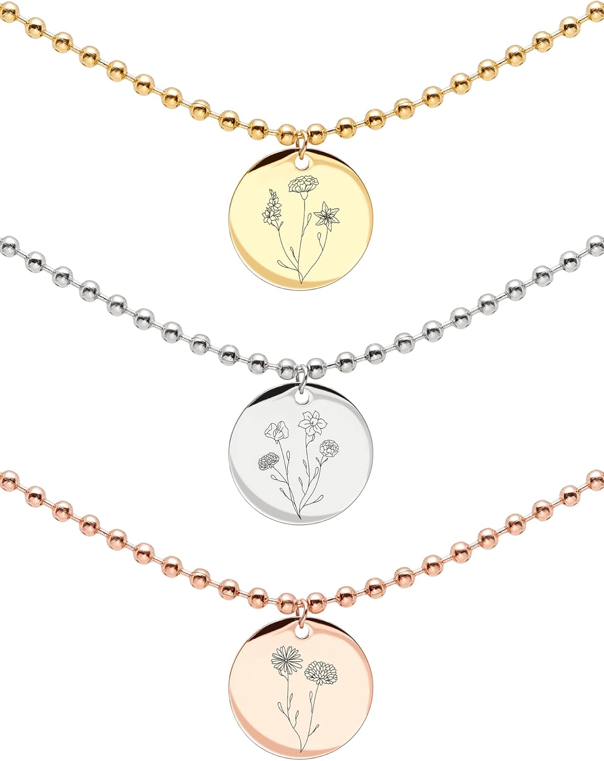 MignonandMignon Combined Birth Flower Necklace for Mother's Day Friendship Gift Bridesmaid Gift for Her Beaded Ball Chain Necklace with Multiple Flower Engraved Charm Disc Pendant -B-XLCN-MFL