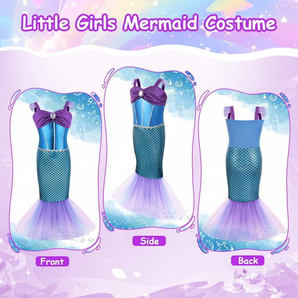 AYBUY Vestito Sirenetta Bambina, Sirena Principessa Vestito con Corona Scettro e Gioielli della Collana, Costume da Principessa Sirena Bambina per Halloween, Natale, Compleanno, Cosplay