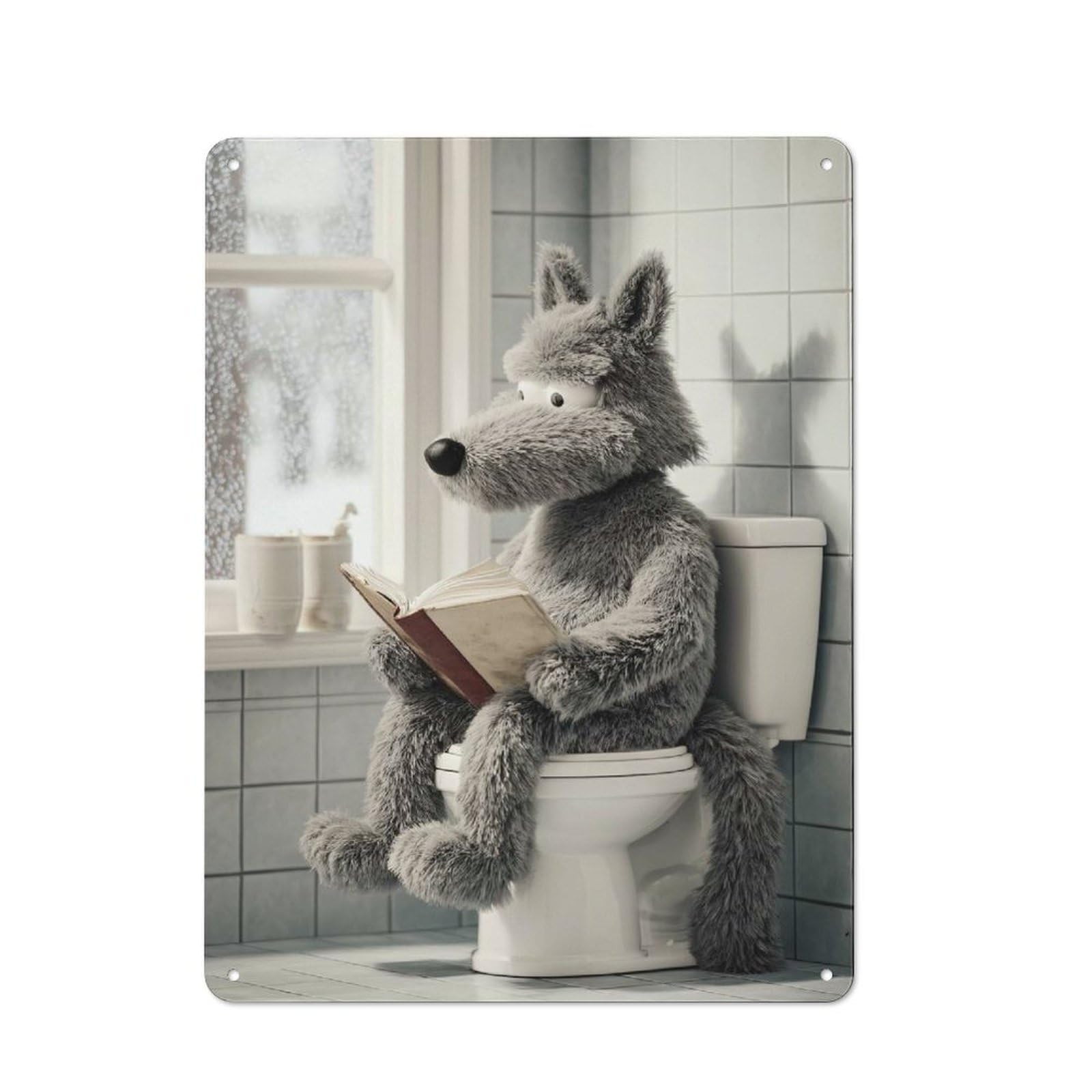 Junmoney Style-13 Wolf Reading On Toilet Retro-Style Tin Sign 40X30cm For Guest Room Or Hallway, A Christmas Gift For People Styling Guest Room And Hallway