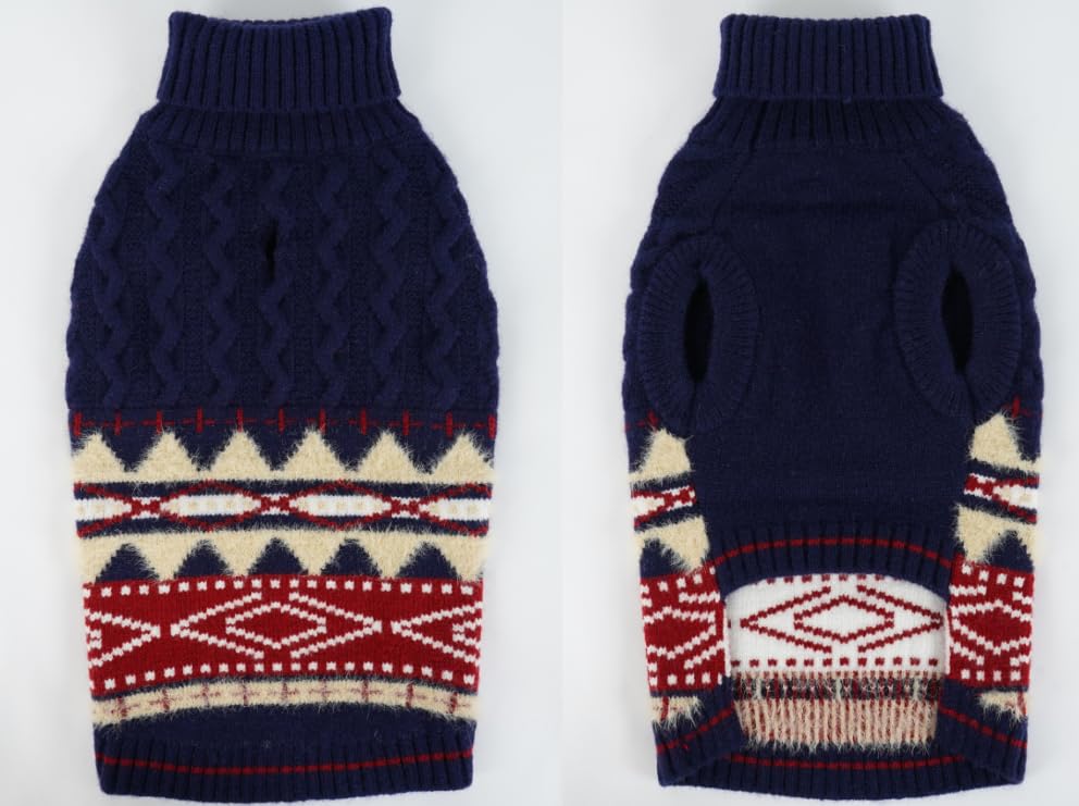 Fair Isle Dog Jumper - Winter Knit Sweater with Harness Hole | Stretchy Easy On/Off Christmas Jumper for Medium Dog | Warm Clothes French Bulldog, Mini Schnauzer, Pug (Navy Blue L) — image 1
