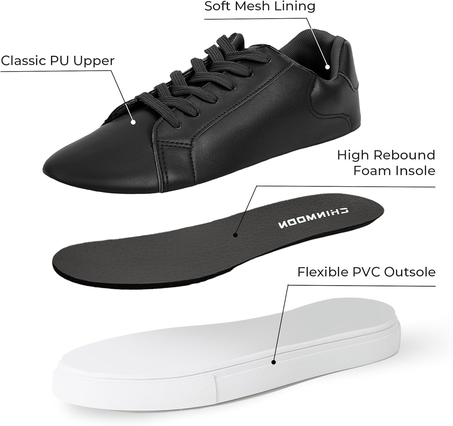 CHIN·MOON Women's Fashion Sneakers White PU Leather Casual Shoes Low Top Lace Up Tennis Sneakers - Image 3