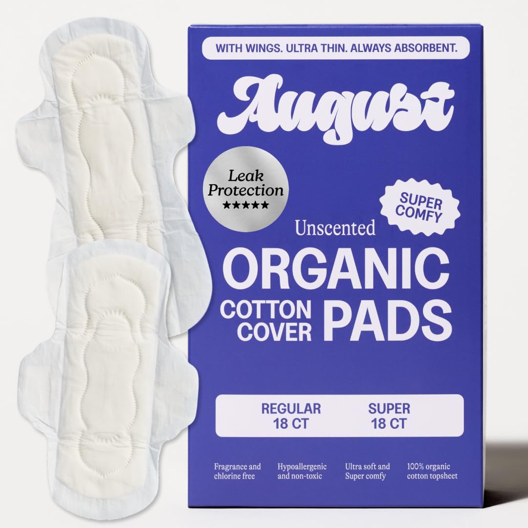 Regular & Super Organic Pads for Women, 36 (18+18) Ultra Thin Pads with Wings, Hypoallergenic Sanitary Napkins with Organic Cotton Topsheet, Compostable Wrapper, Non-Toxic, Fragrance-Free