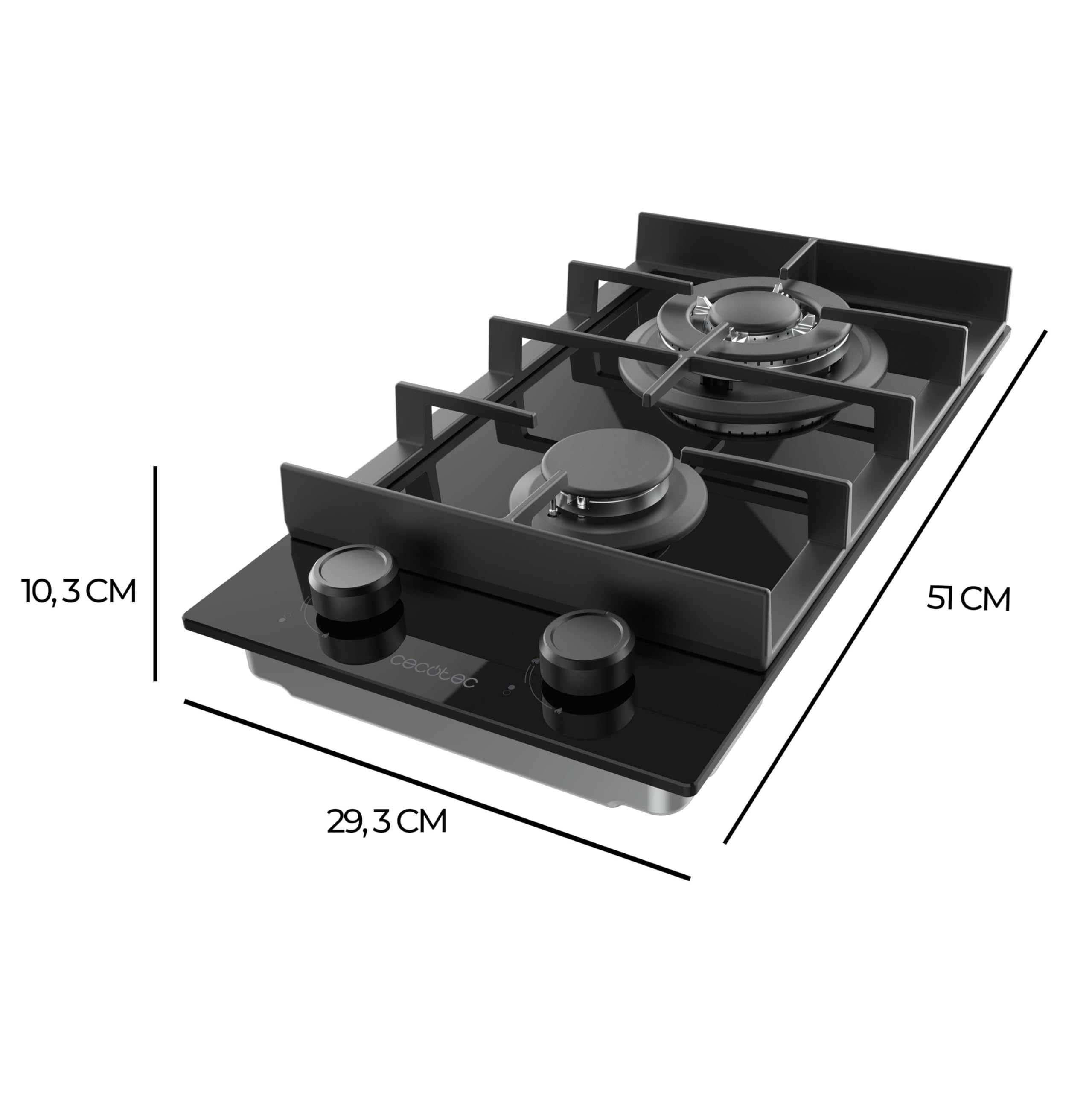 Cecotec Placa de Gas de 2 Fuegos Bolero Squad G 2400F Glass Black, 5,2kW, Glass Black, Parrillas Hierro Fundido, Quemador WOK Triple, Encendido Electrónico, Seguridad Válvulas, accesorio conversión - 2