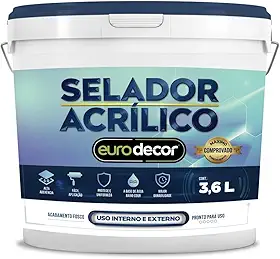 Selador Acrílico Branco 3,6 Litros Eurodecor - Alto Rendimento Até 4,3 m²/L - Uniformiza a Absorção em Fachadas, Paredes e Tetos - Secagem 24h, Fácil Aplicação com Rolo