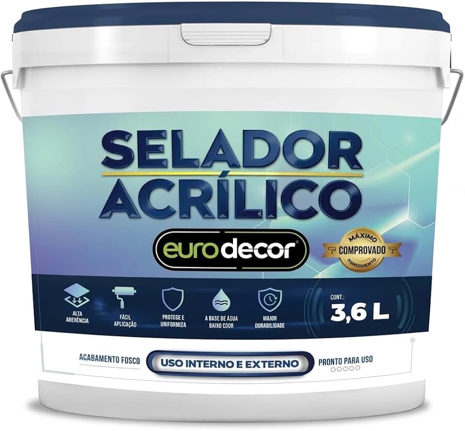 Selador Acrílico Branco 3,6 Litros Eurodecor - Alto Rendimento Até 4,3 m²/L - Uniformiza a Absorção em Fachadas, Paredes e Tetos - Secagem 24h, Fácil Aplicação com Rolo