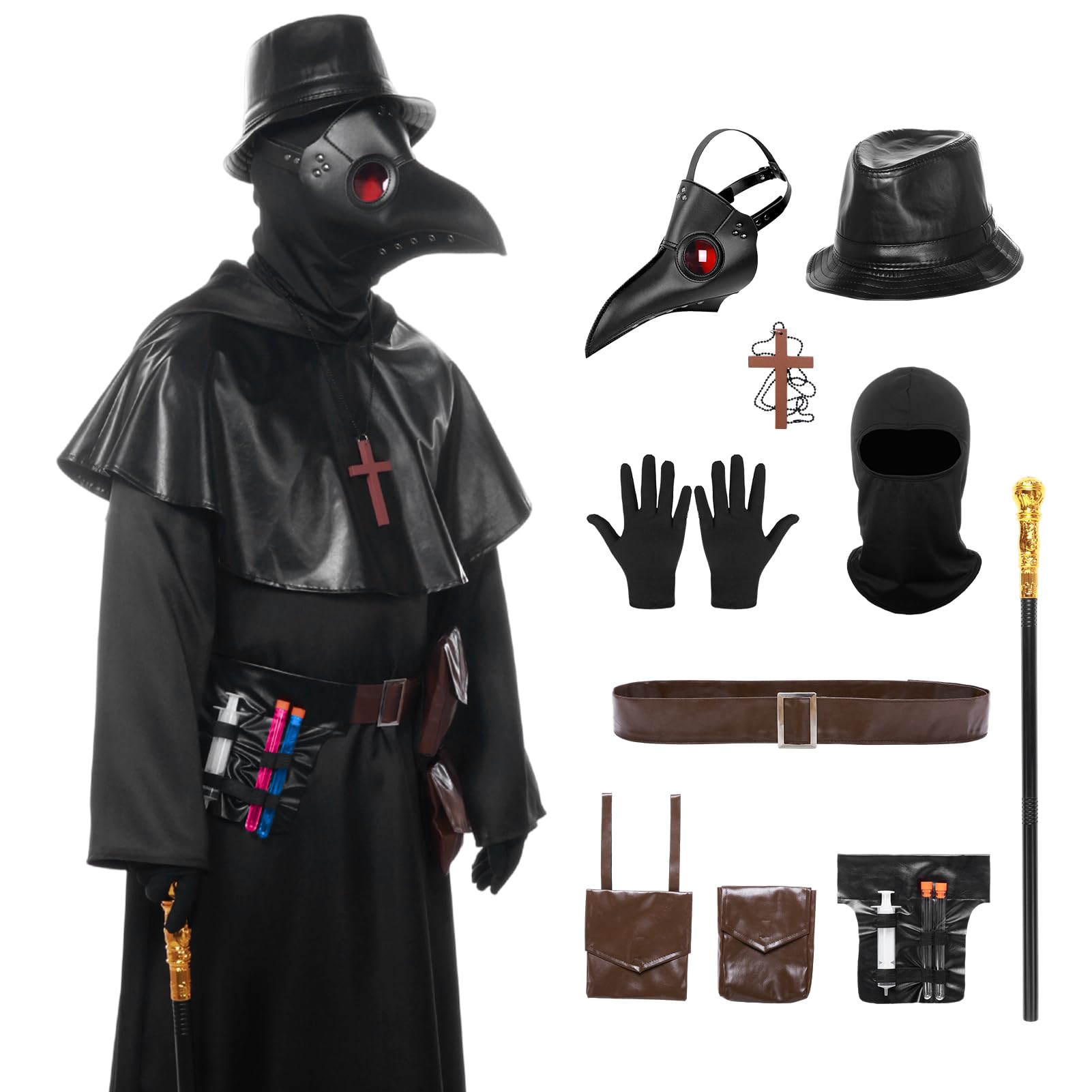 Joyesplay Plague Doctor Costume Adult,Halloween Costumes Set for Men 14 pcs with Plague Doctors Mask Hat Fancy Dress Medieval Steampunk for Men