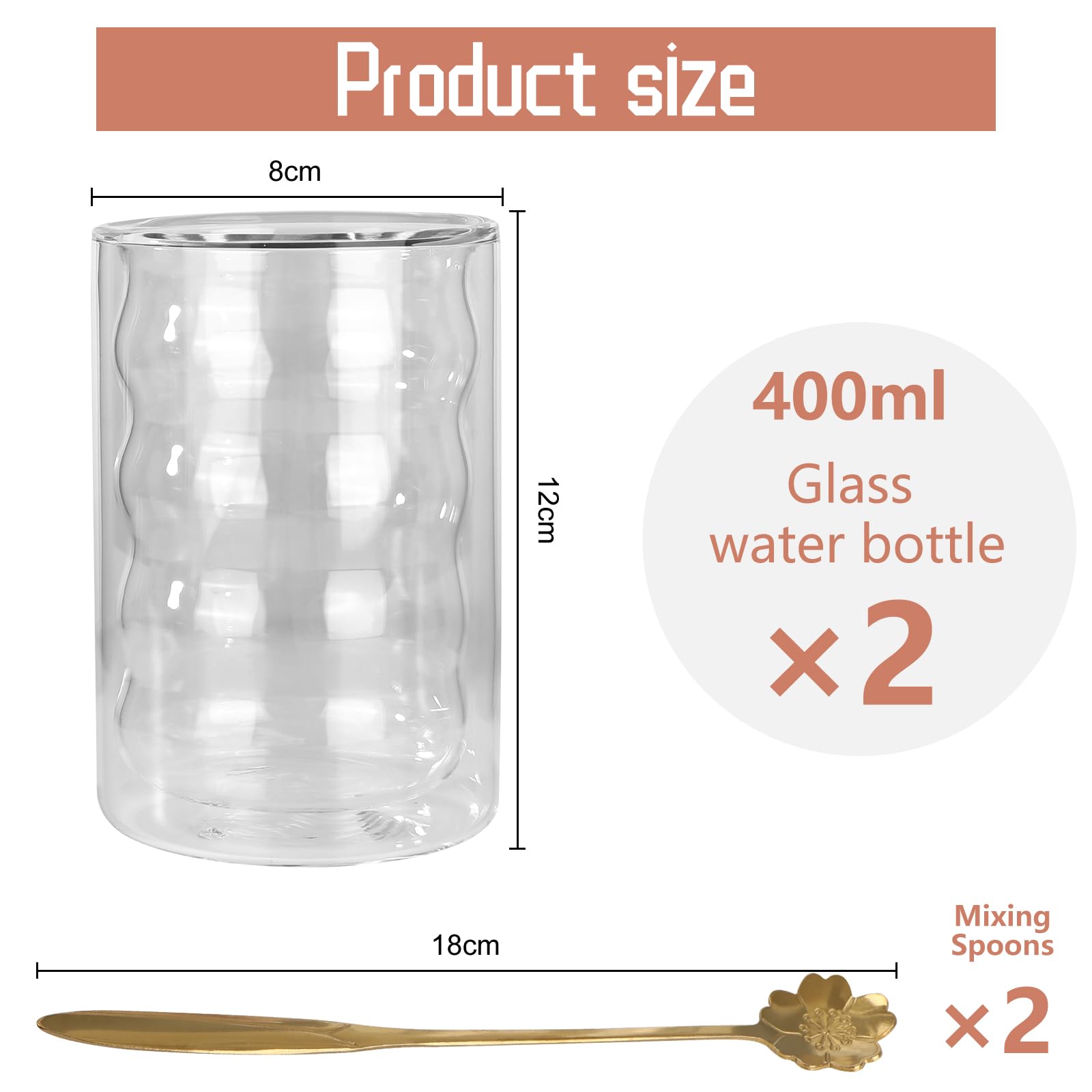 Hniuyun Double Wall Glass Coffee Mugs, 400ml Clear Coffee Mugs with Spoon, Insulated Glass Cups for Cappuccino Milk, Tea - Image 2
