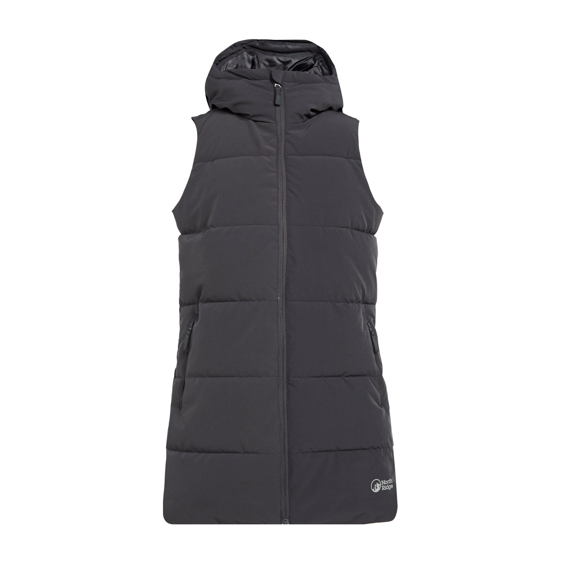 NORTH RIDGE Women’s Roaming Gilet with Hood, Deep Collar & 2 Zipped Pockets, Insulated & Water Repellent Longline Bodywarmer (UK, Numeric, 16, Regular, Regular, Grey)