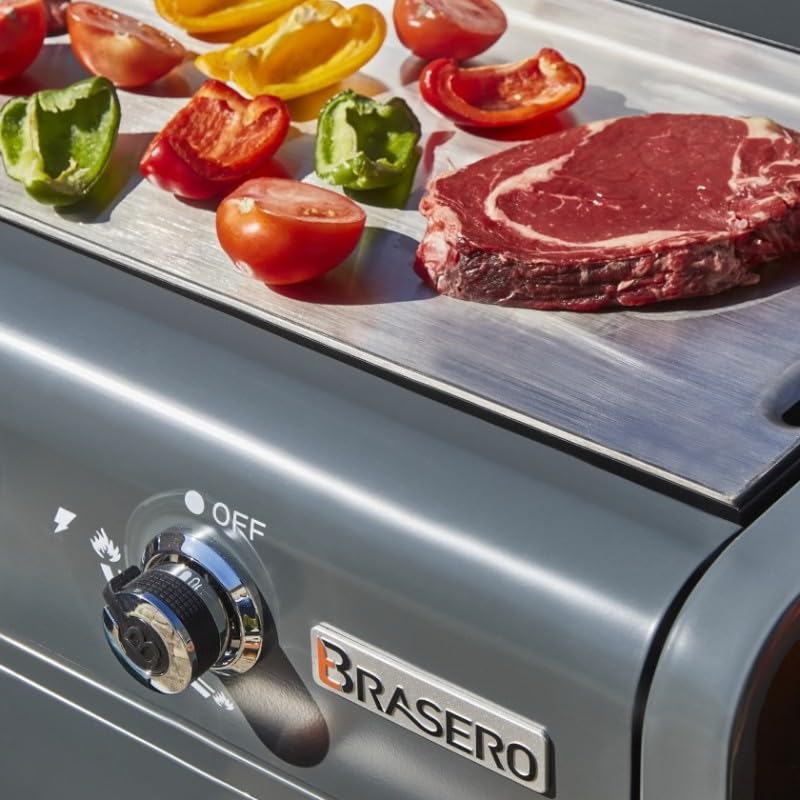 BRASERO - Plancha Lola à gaz sur chariot équipé Gun Metal - 4 brûleurs à gaz - jusqu'à 14 convives - Surface de cuisson 88 x 35,5 cm - 9,6 kW - Récupérateur de graisse