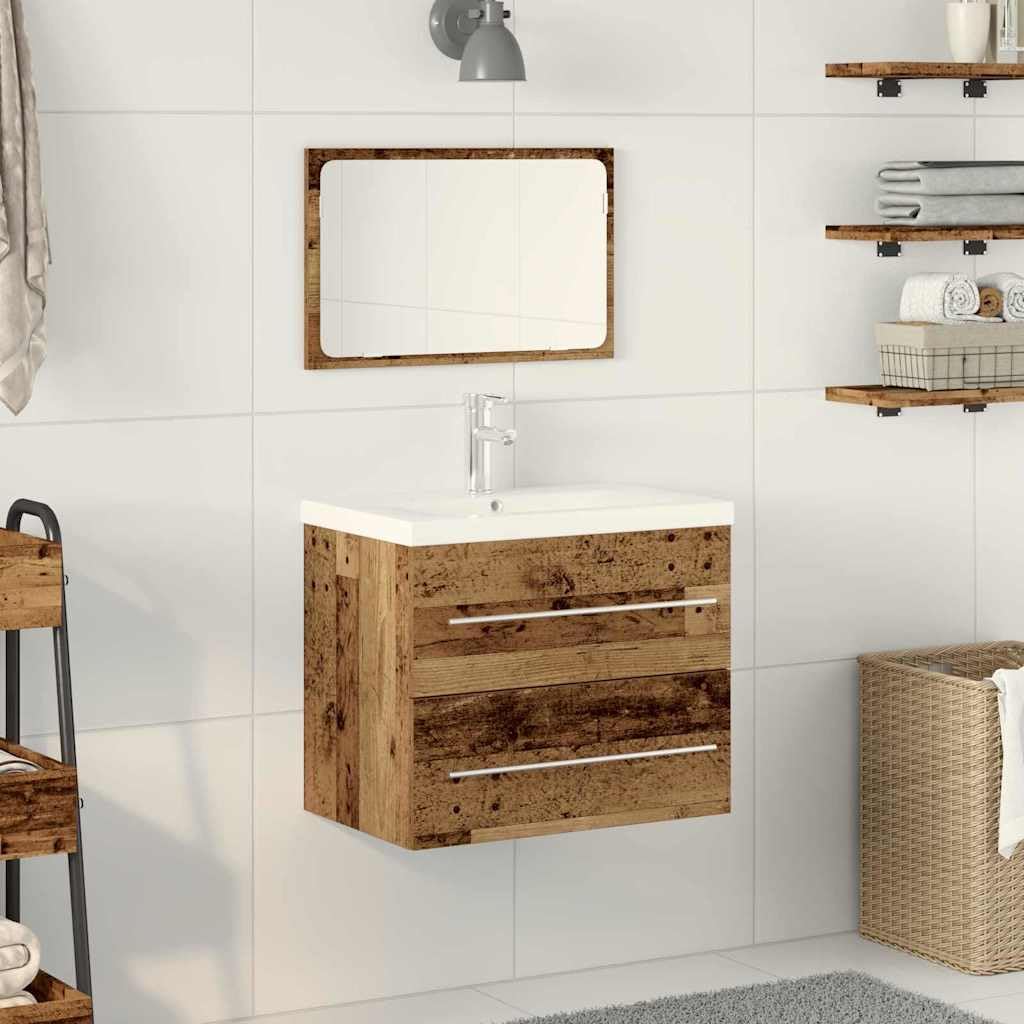 Armario de lavabo de madera vieja con lavabo de cerámica, 60 x 38,5 x 48 cm, 2 cajones, armario de baño para baño, montaje en pared, espacio de almacenamiento muebles con estante y organizador