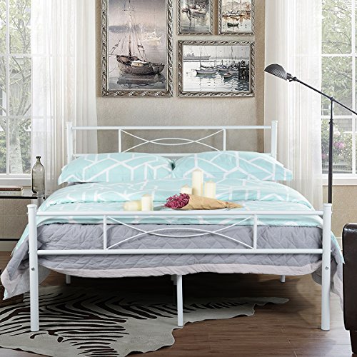 SimLife Steel Platform Box Spring Needed White Metal Bed Frame Full Size 10
