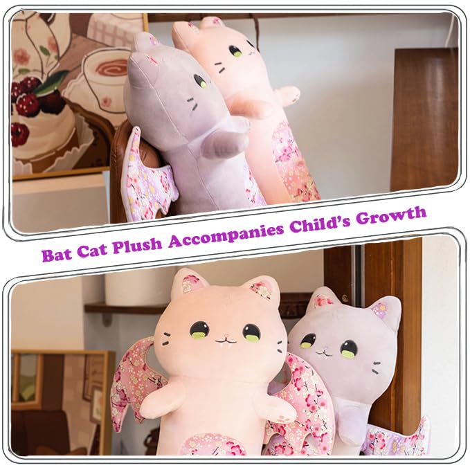 Image of Long Bat Cat Plush Body Pillow Super Soft Stuffed Pink Kitten with Wings,Fluffy Bat Kitty Plushie Big Toy Gifts /23.6''