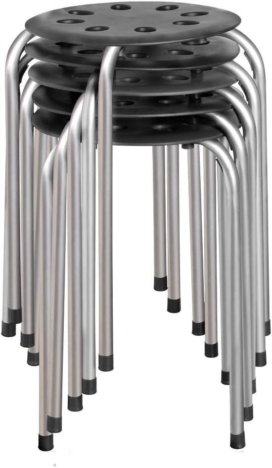 Compact Plastic and Metal Stackable Stools Set for School, Office, Primary and University Students - Black and Silver (Pack of 5), 17.75, NOR-STOOLBS-SO