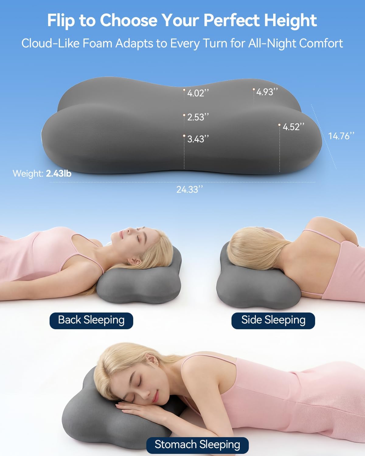 Cervical Pillow for Neck Pain Relief, Ergonomic Contour Memory Foam Pillow for Side Back Stomach Sleepers, Deep Sleep Pillow for Cloud-Soft Shoulder Support with Cooling Pillowcase, Grey