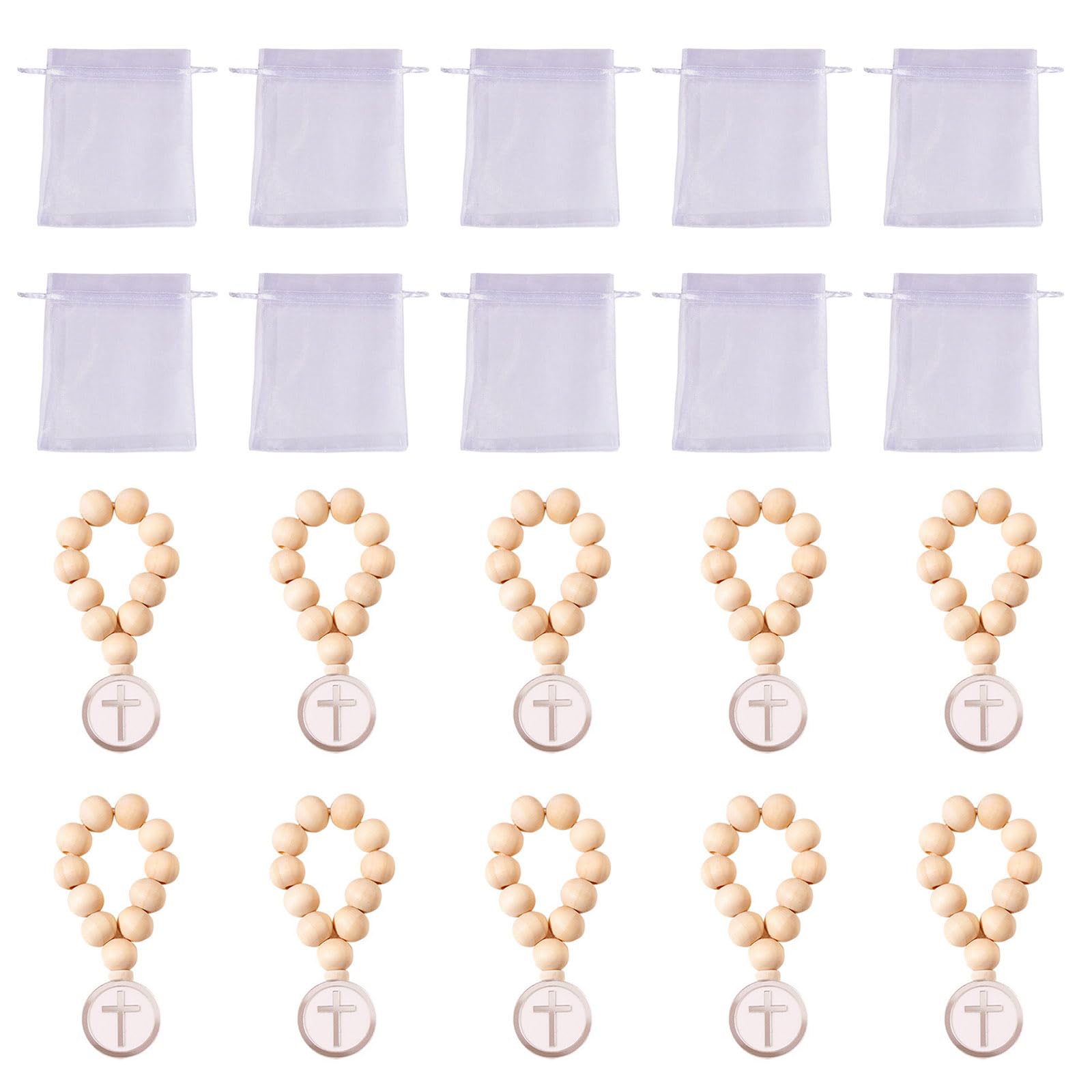 Rosario de cuentas de madera con crucifijo, rosario de primera comunión, con bolsas de organza, regalo de bautizo, unisex