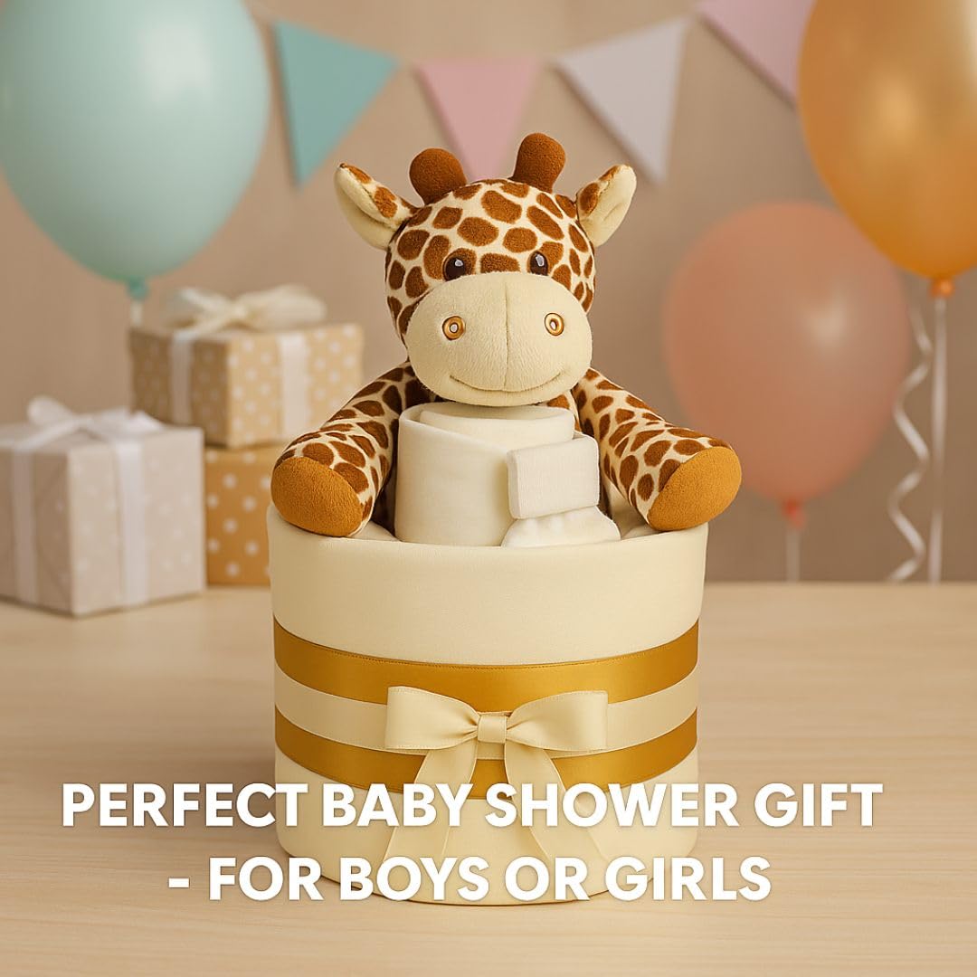 Pannolino Torta Neutro Unisex Baby Gift – Mussola Square wrap 9 Premium Pannolini Bavaglino Calzini e Peluche Morbido Giraffa