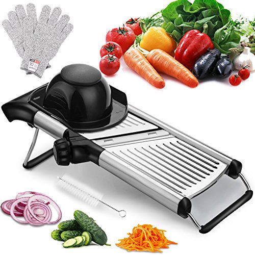 Adjustable Mandoline Slicer with Free Cut-Resistant Gloves and Brushes Stainless Steel Slicer Vegetable